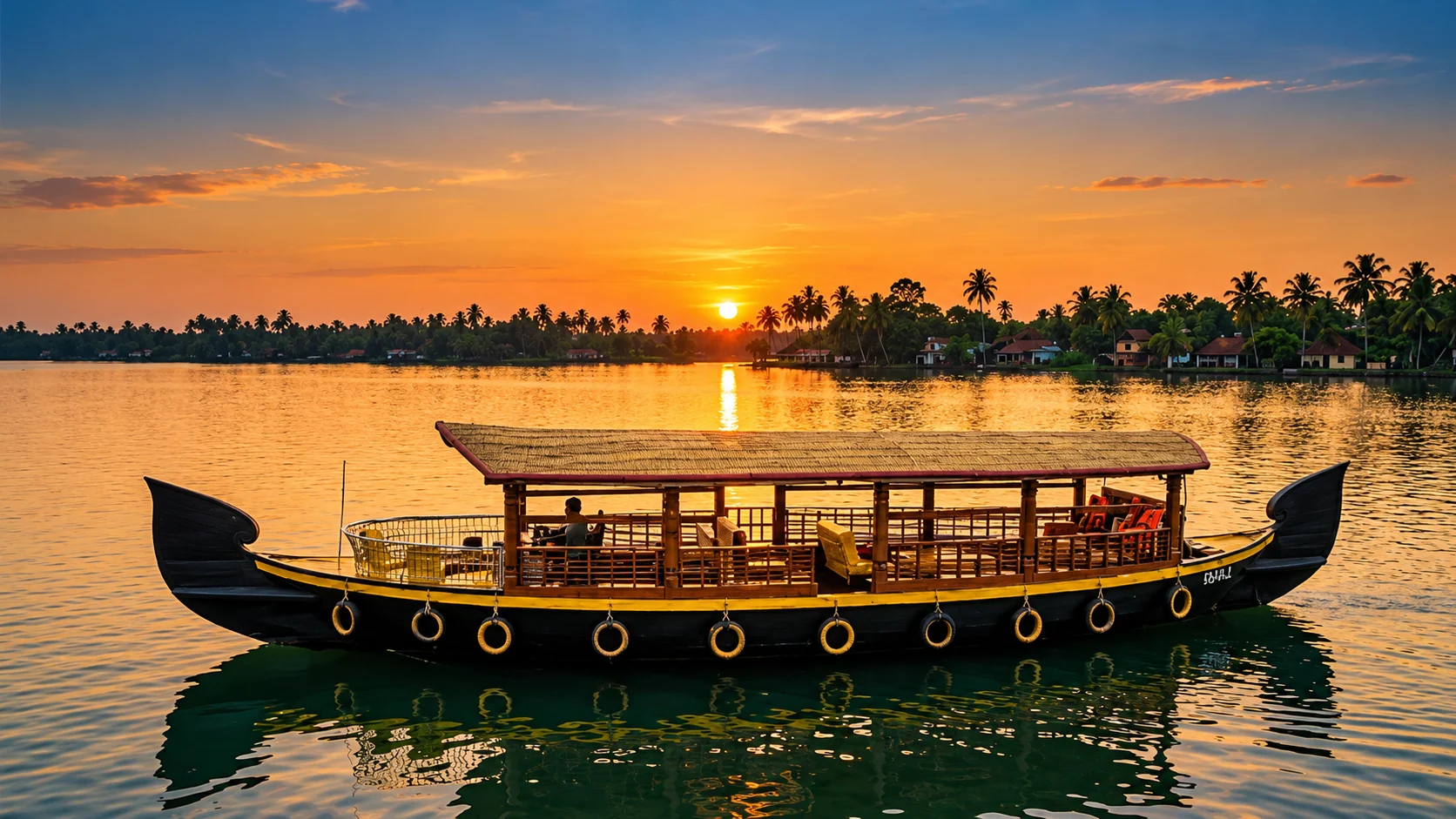 Ein strohgedecktes Shikara auf den Backwaters von Alappuzha bei Sonnenuntergang, dahinter Dorf und Palmen