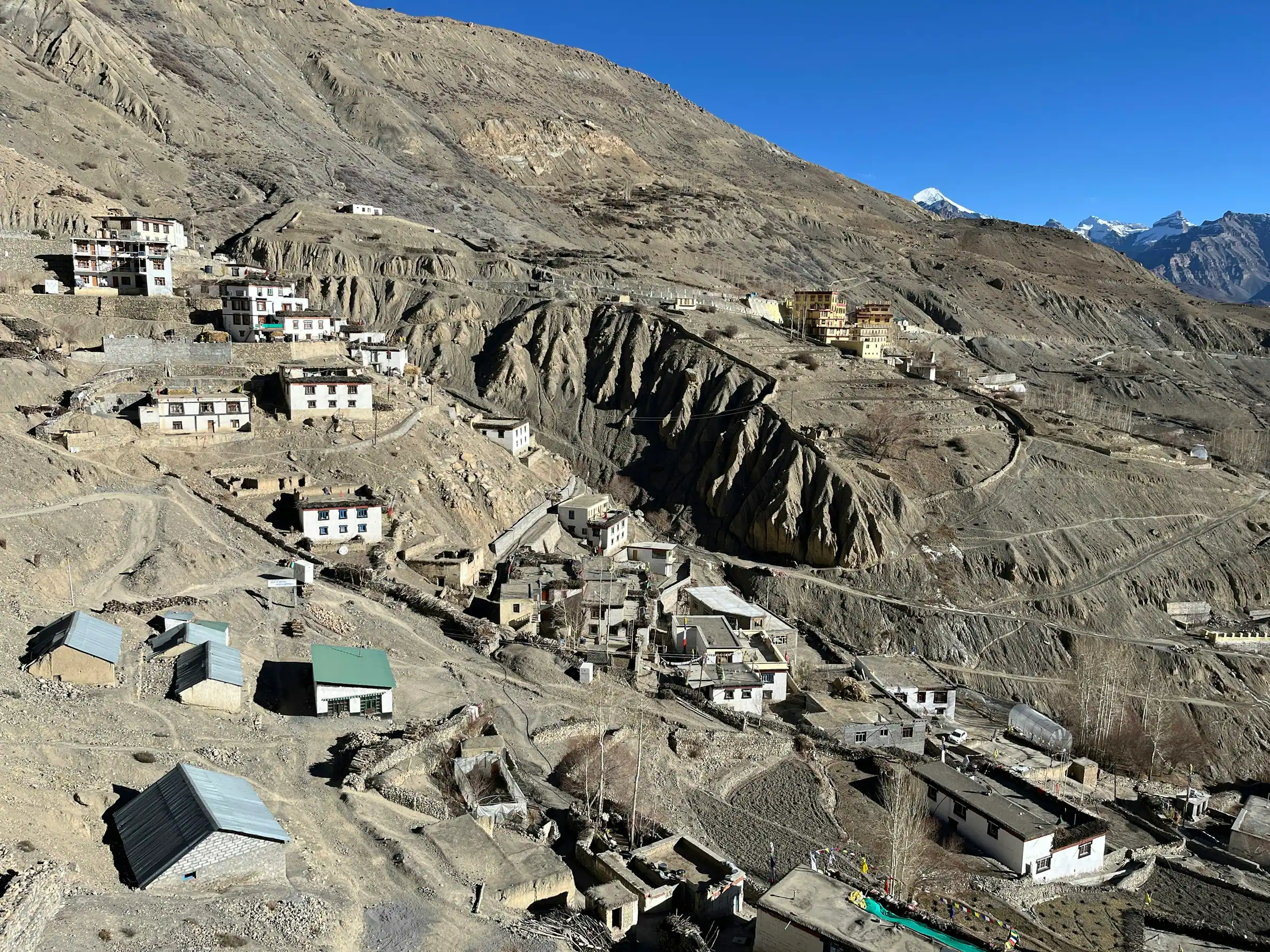 Häuser eines Bergdorfs an einem steilen Hang in Ladakh